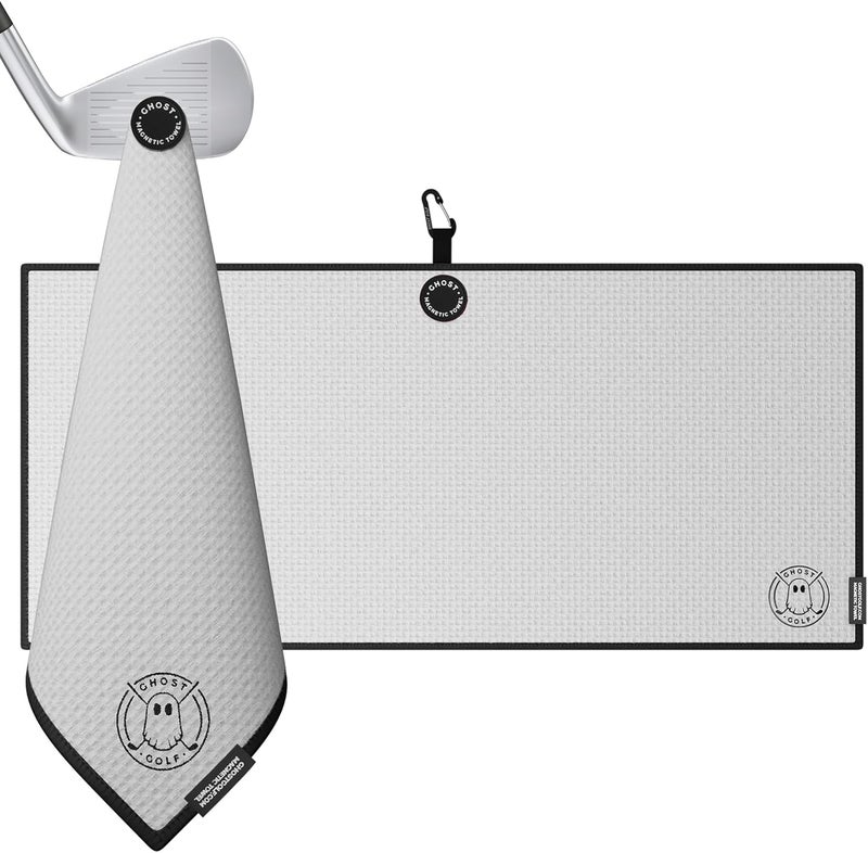 Ghost Golf Magnetic Towel (Caddie) - Premium Ultra-Absorbent Microfiber Golf Towel with Magnet for Golf Carts or Clubs - 18" x 40" Golfing Gear - Waffle Weave Pattern (White) - Image 1